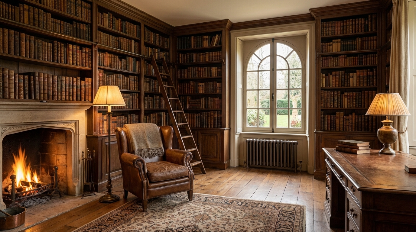 La bibliothèque Beaulieu dans la lumière du jour, avec un fauteuil de cuir et des livres sur le bureau