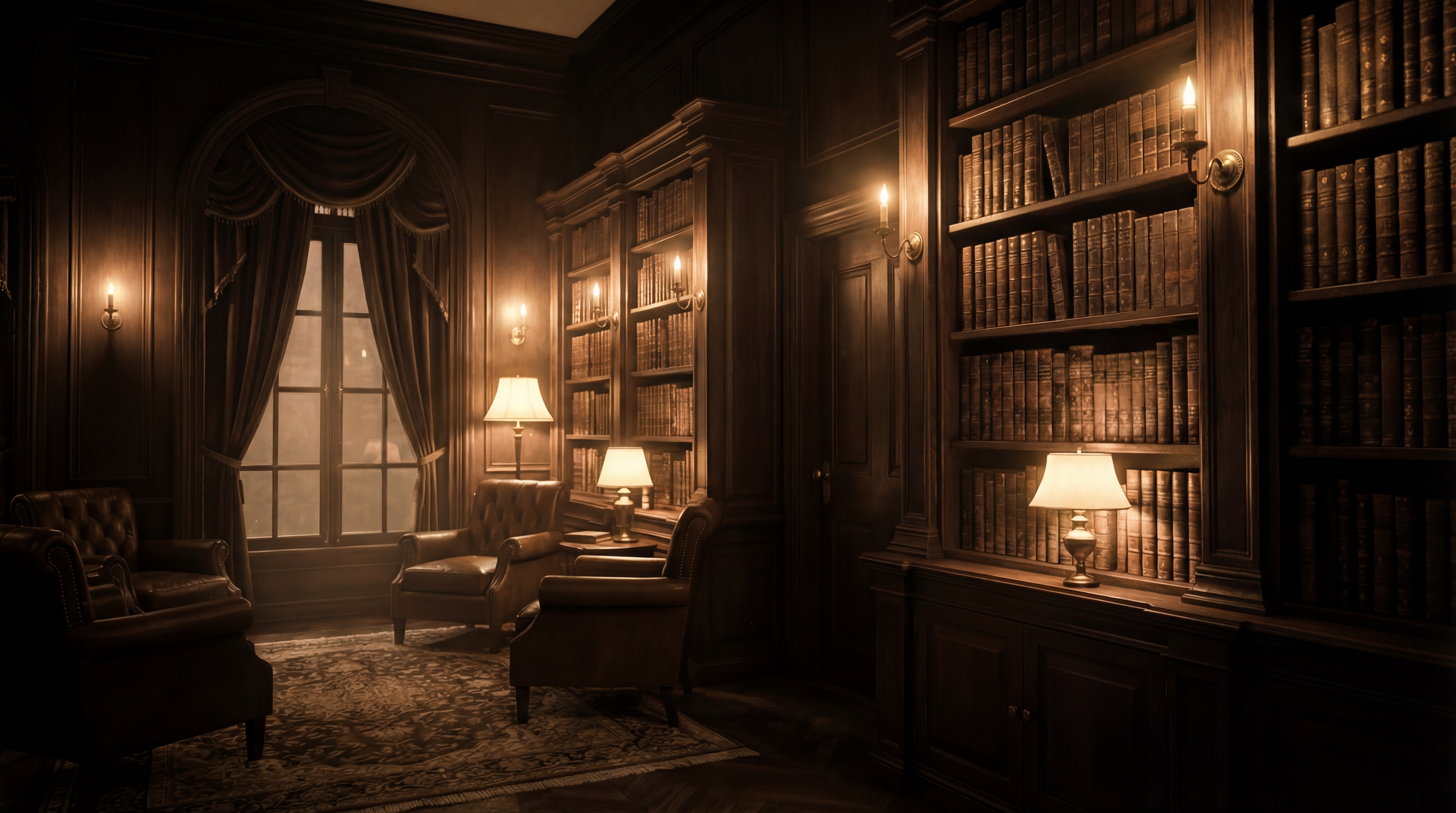 La bibliothèque de la Maison éclairée aux chandelles