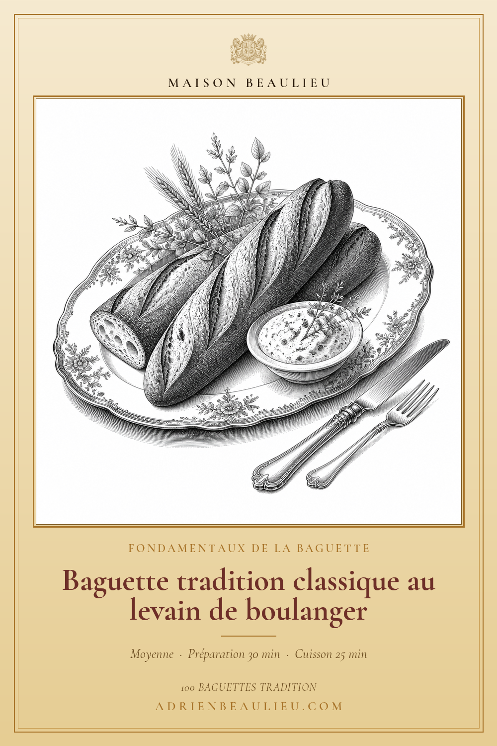 Gravure de baguettes entières et tranchées sur une assiette ornée, avec le titre de la baguette tradition.