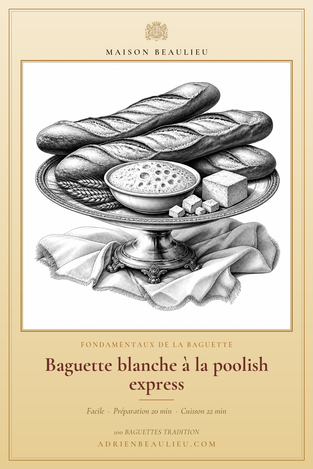 Gravure de baguettes, d’un bol de préferment et de levure sur un plateau, avec le titre de la recette.