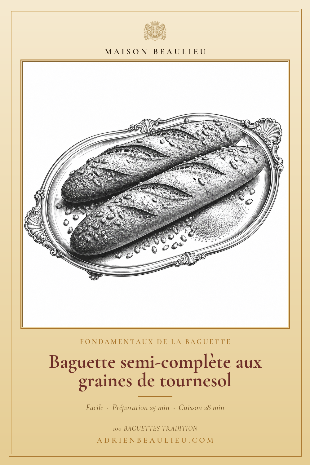 Gravure de baguettes parsemées de graines sur un plateau, avec le titre de la baguette semi-complète au tournesol.
