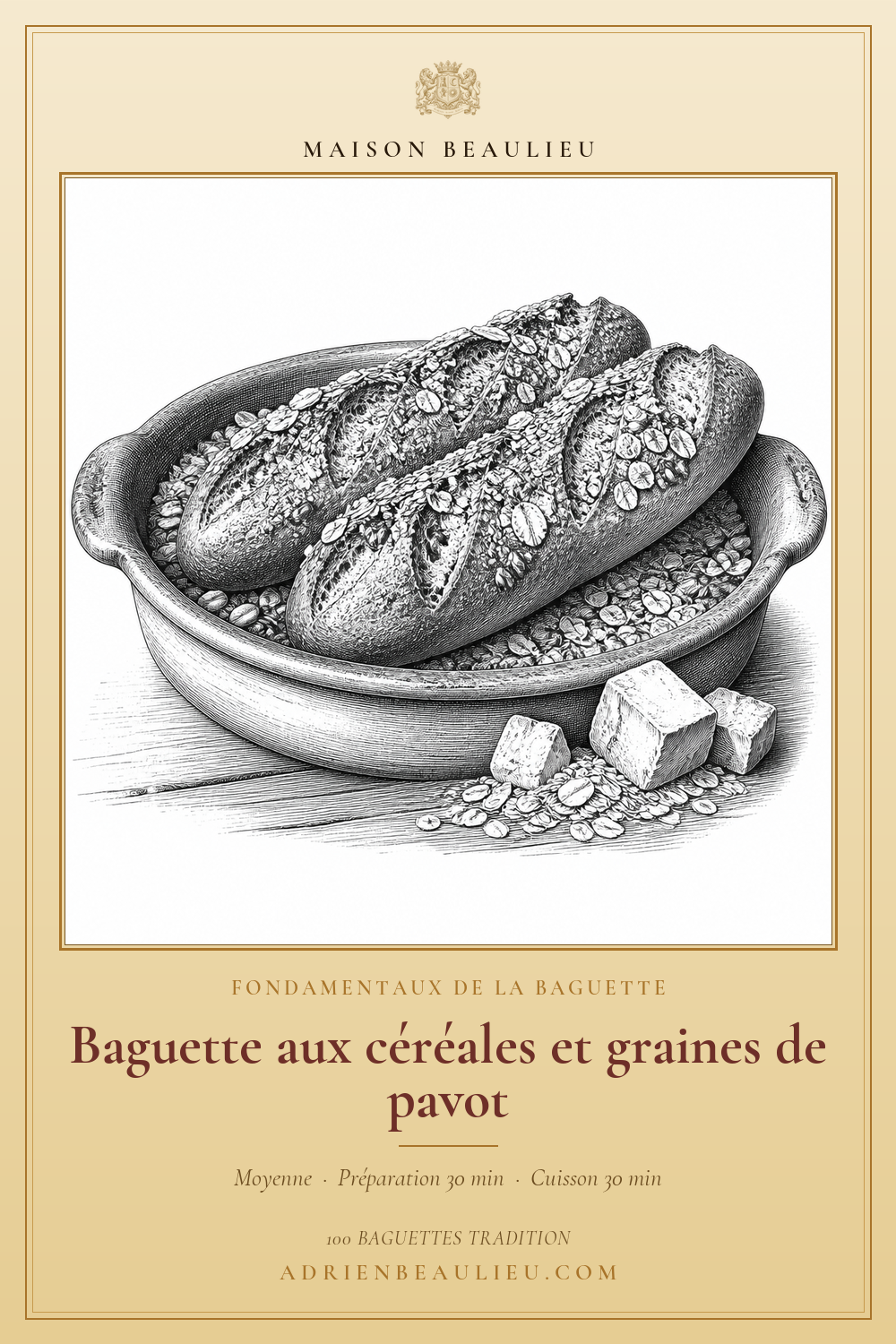 Gravure de baguettes couvertes de céréales et de flocons, avec le titre de la recette.