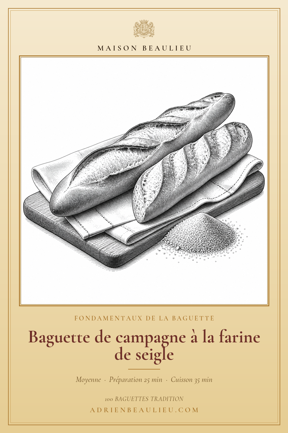 Gravure de baguettes tranchées sur une planche, près d’un petit tas de farine, avec le titre de la recette.