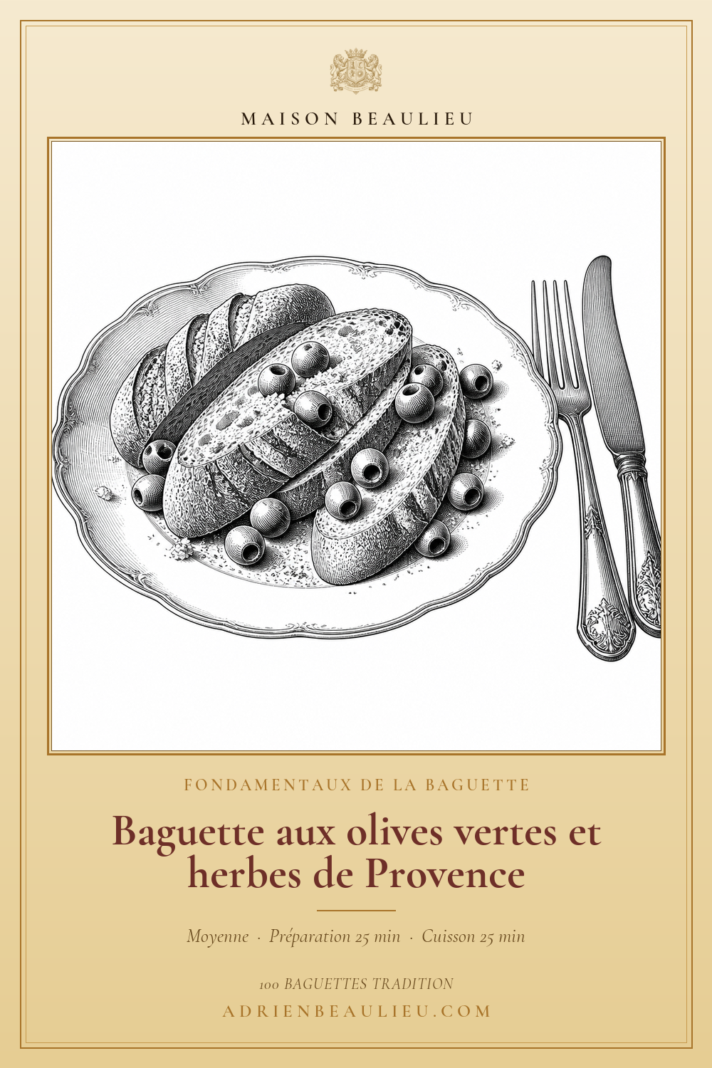 Gravure de tranches de baguette et d’olives sur une assiette, avec le titre de la recette.