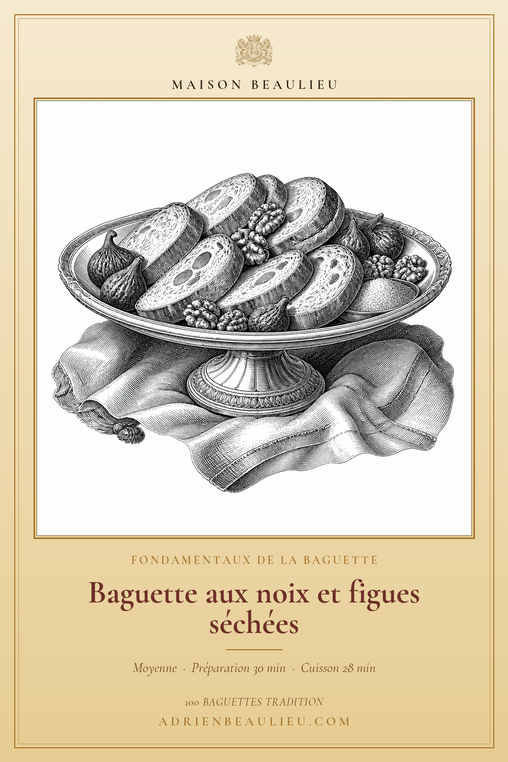Gravure de tranches de baguette entourées de noix et de figues sur un plateau, avec le titre de la recette.