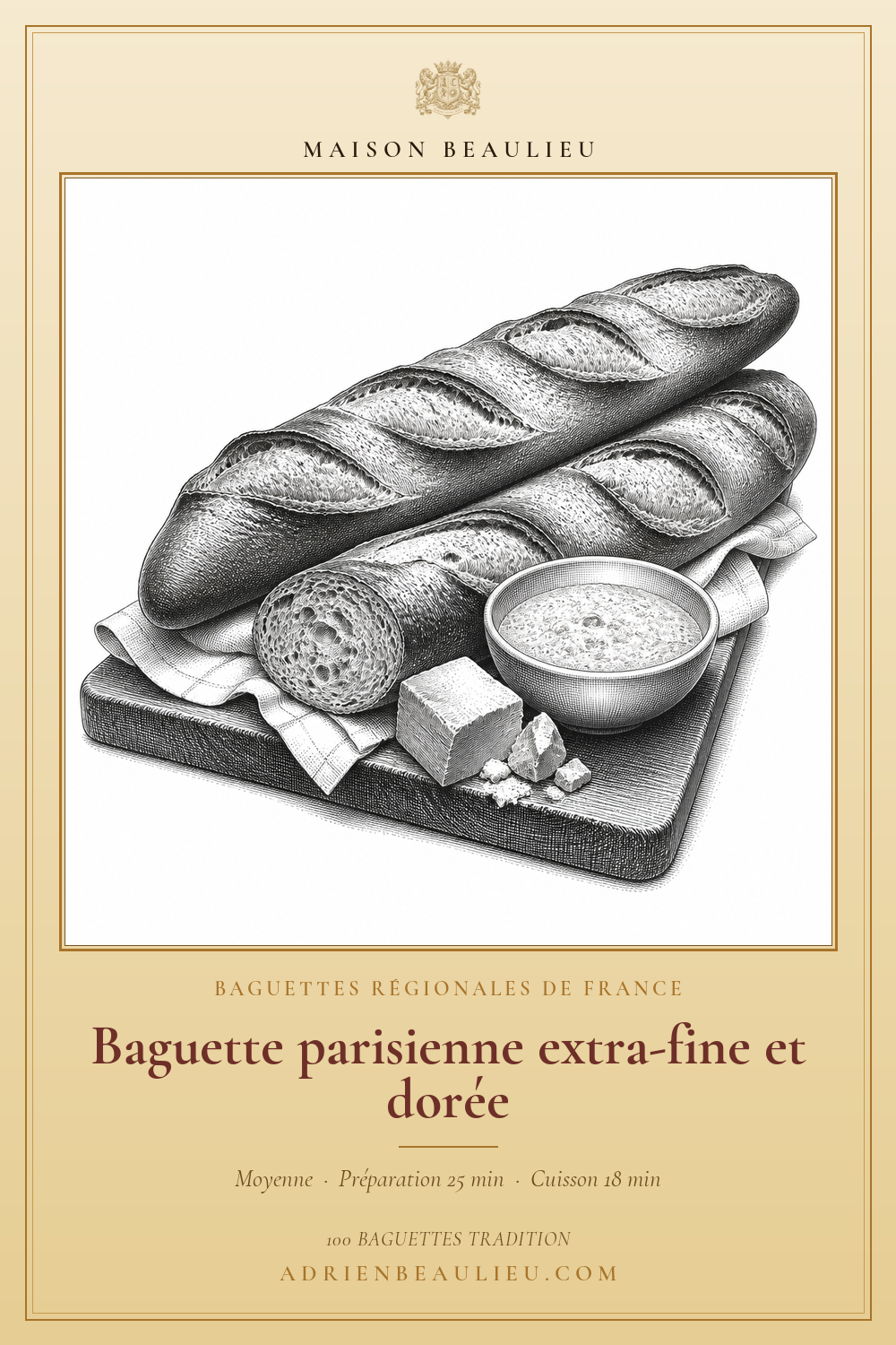 Gravure de baguettes entaillées et d’une tranche montrant la mie, sur une planche avec un bol de poolish et de la levure.