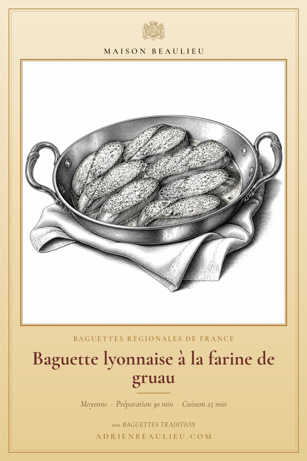 Gravure de petites baguettes dorées disposées dans un plat ovale, sur un linge de cuisine, avec le titre de la recette.