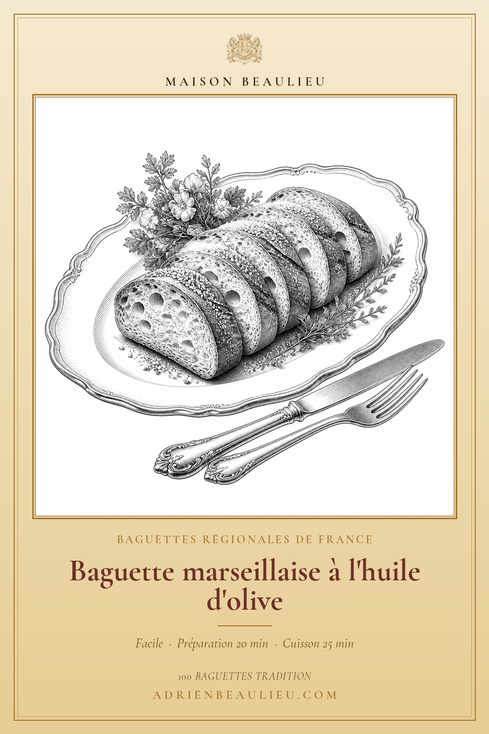 Gravure de tranches de pain sur un plat, accompagnées de brins d’herbes et de couverts, avec le titre de la baguette à l’huile d’olive.