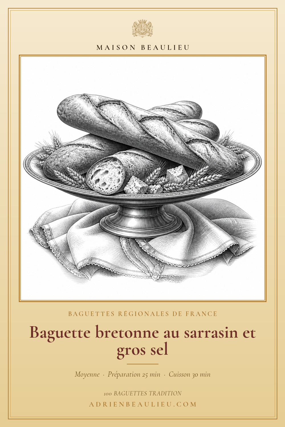 Gravure de baguettes et d’une tranche de pain sur un présentoir, entourées d’épis et de morceaux de levure, avec le titre de la recette au sarrasin.