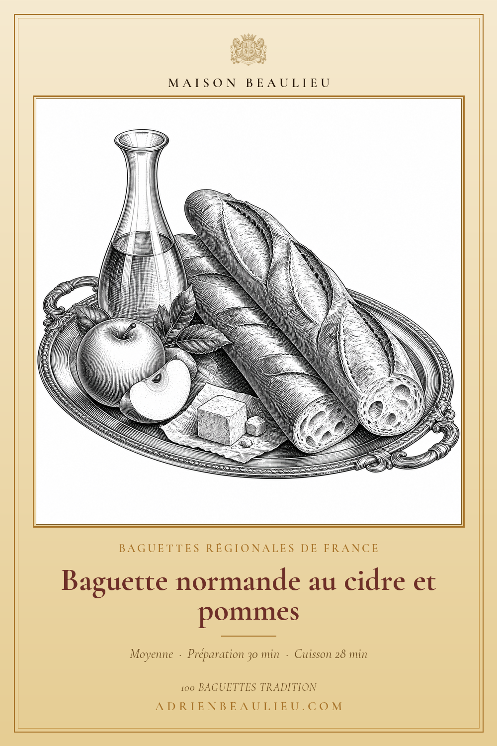 Gravure de baguettes sur un plateau avec une pomme entière, un quartier de pomme, une carafe et de la levure.