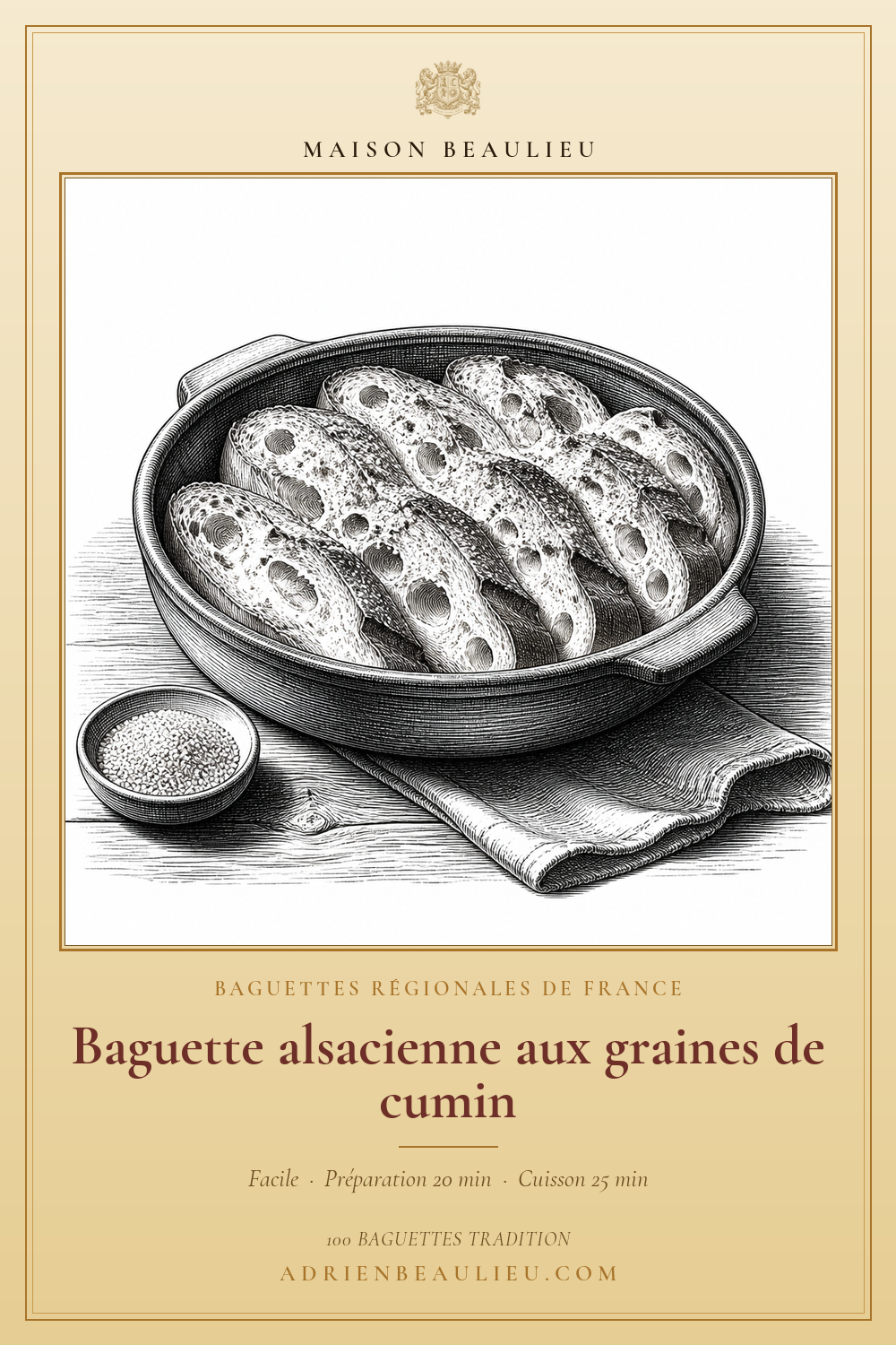 Gravure de baguettes parsemées de graines dans un plat de cuisson, avec un petit bol de graines et le titre de la recette.