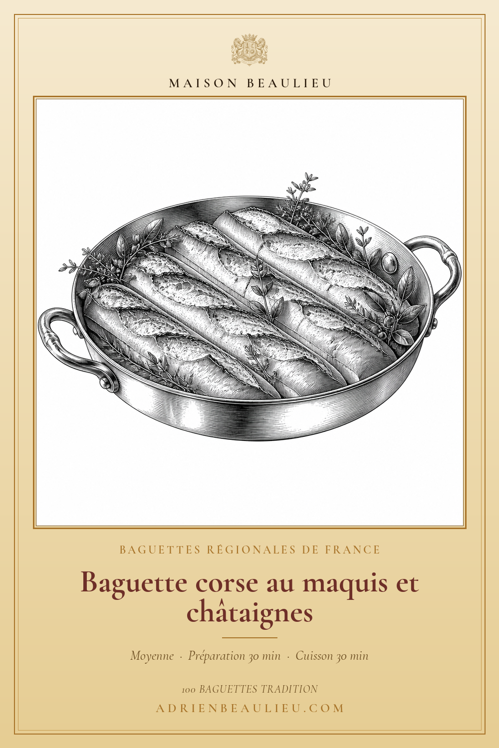 Gravure de quatre baguettes courtes présentées avec des branches d'herbes aromatiques dans un plat ovale.