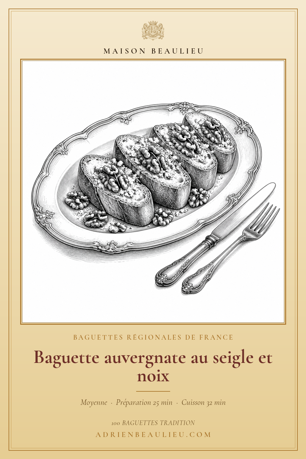 Gravure de tranches épaisses de baguette au seigle garnies de cerneaux de noix, présentées sur un plat avec des couverts.