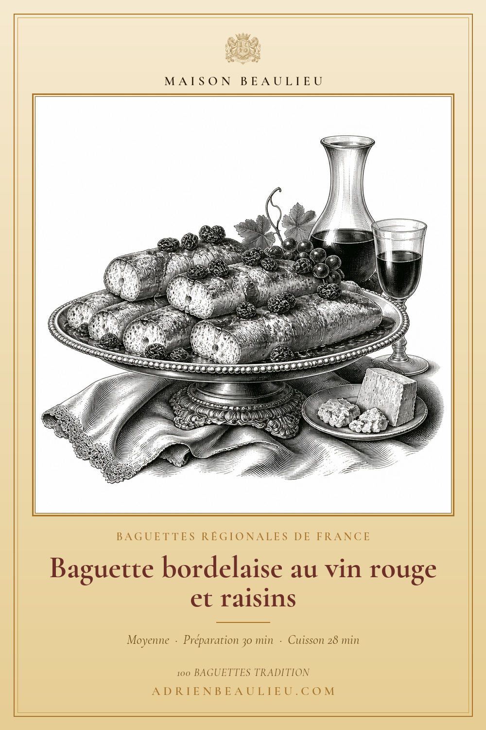 Gravure de petites baguettes aux raisins sur un plat, accompagnées de grappes de raisin, d’une carafe et d’un verre de vin rouge.
