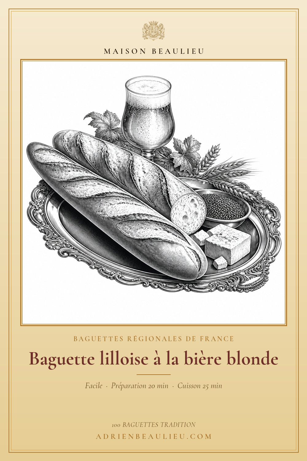Gravure de deux baguettes sur un plateau avec un verre de bière blonde mousseuse, des épis, des graines et du fromage.