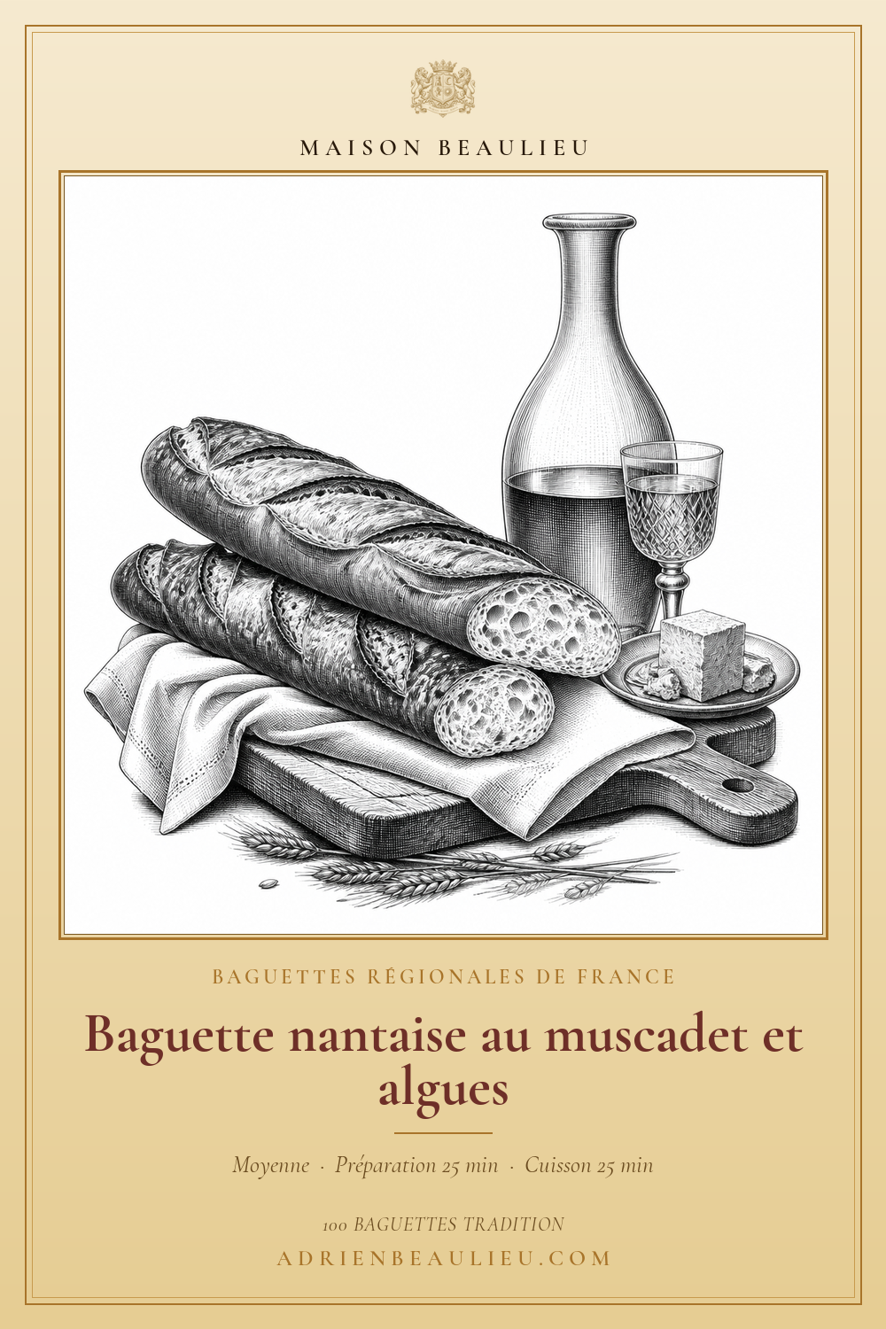 Gravure de deux baguettes et de tranches de pain sur une planche, accompagnées d’une carafe, d’un verre et d’un morceau de fromage.