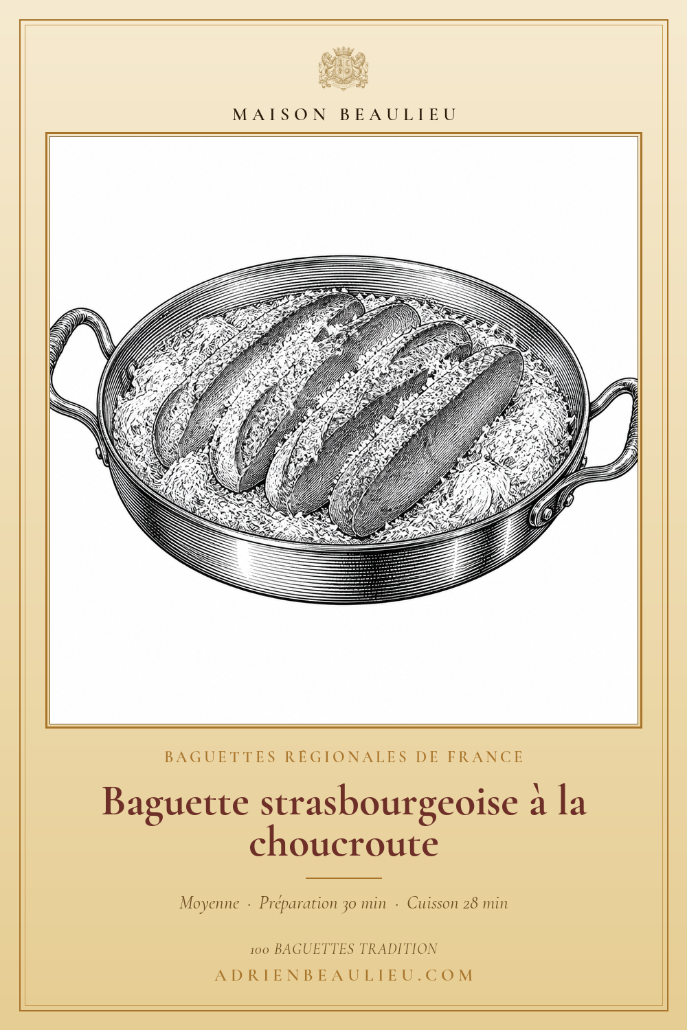Gravure de baguettes épaisses disposées sur un lit de chou émincé dans un grand plat de cuisson, avec le titre de la recette.