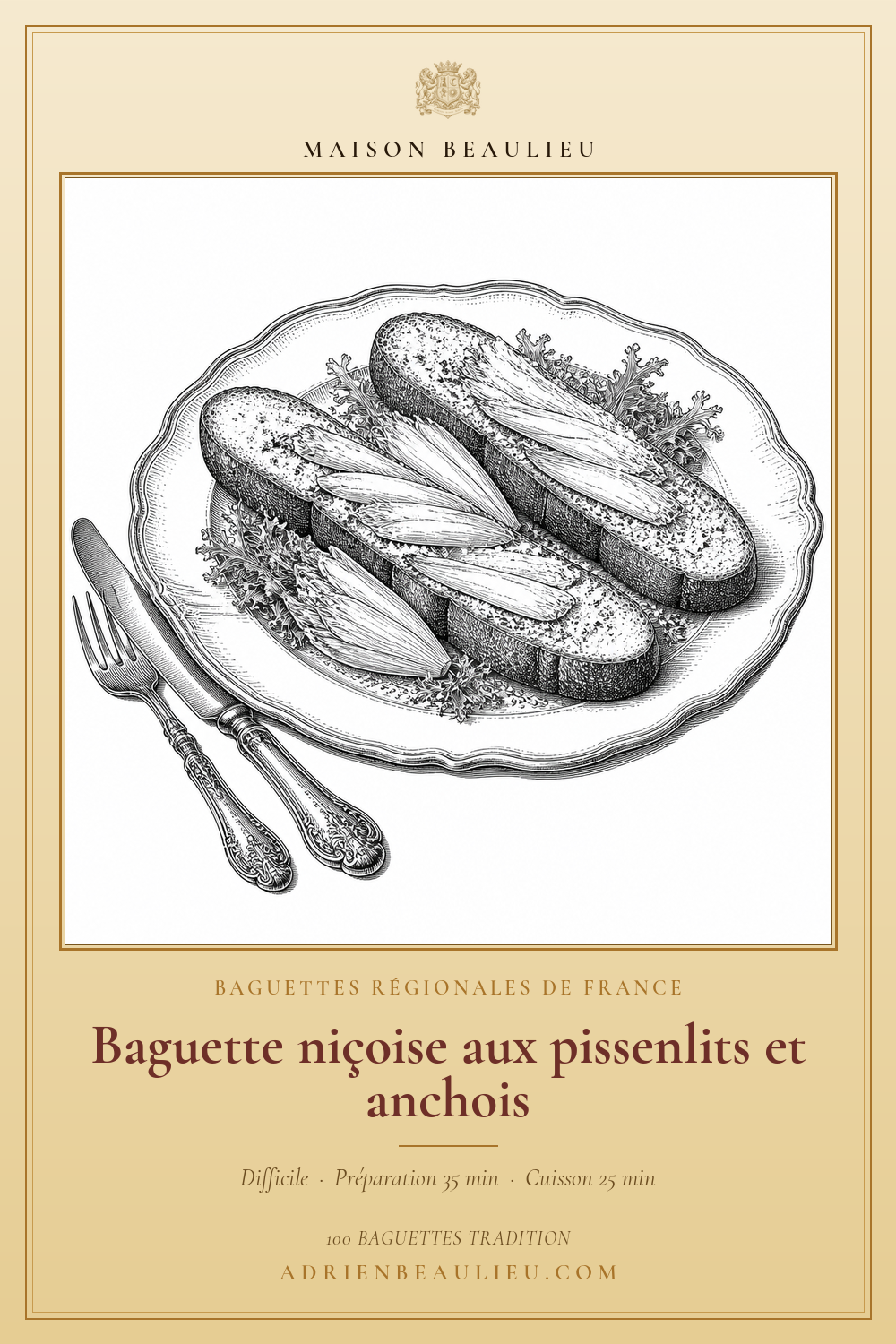 Gravure de tranches de baguette garnies de filets d’anchois et posées sur un lit de feuilles, avec fourchette et couteau.