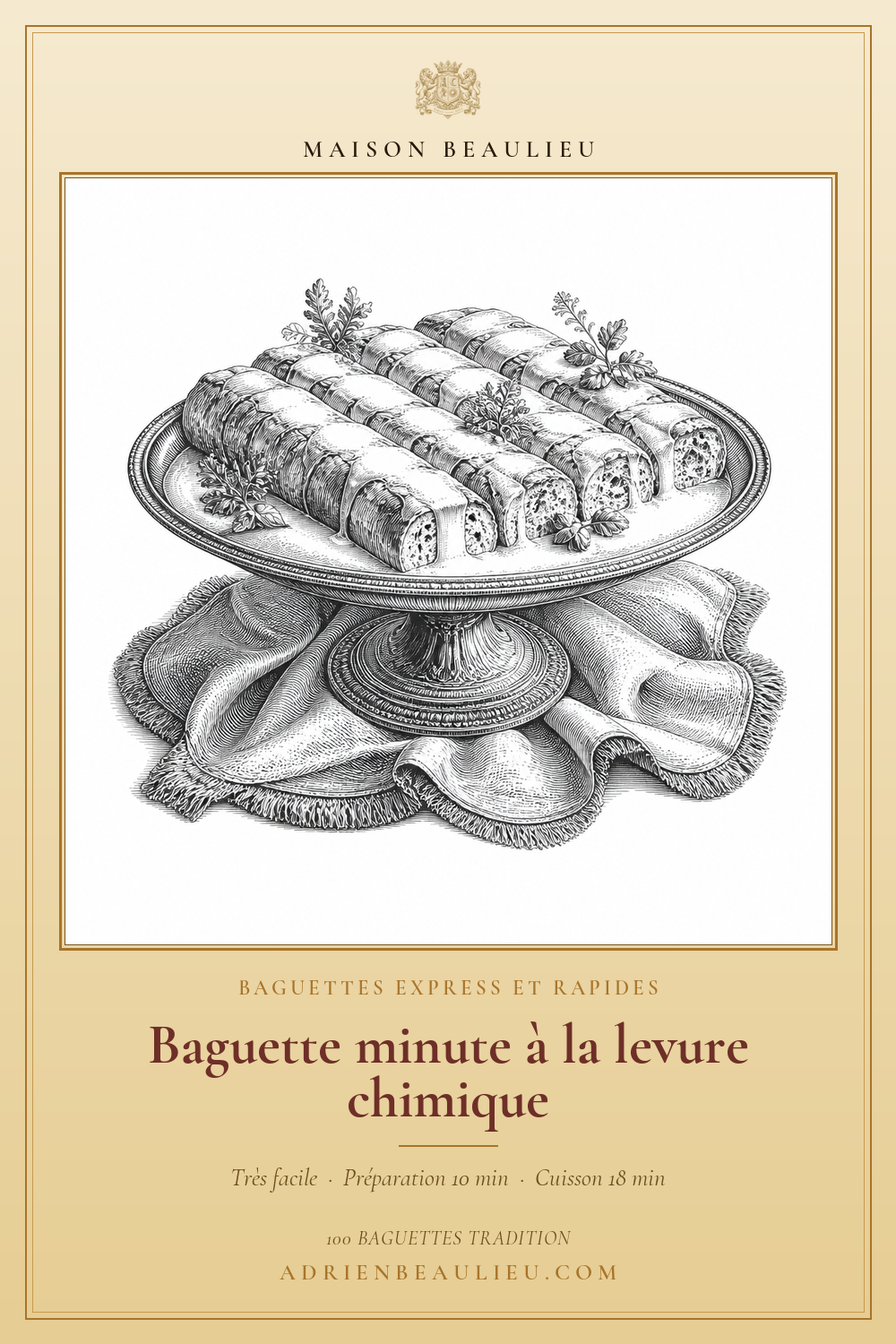 Gravure de petites baguettes disposées sur un plat surélevé, avec des brins d’herbes et un linge de table.
