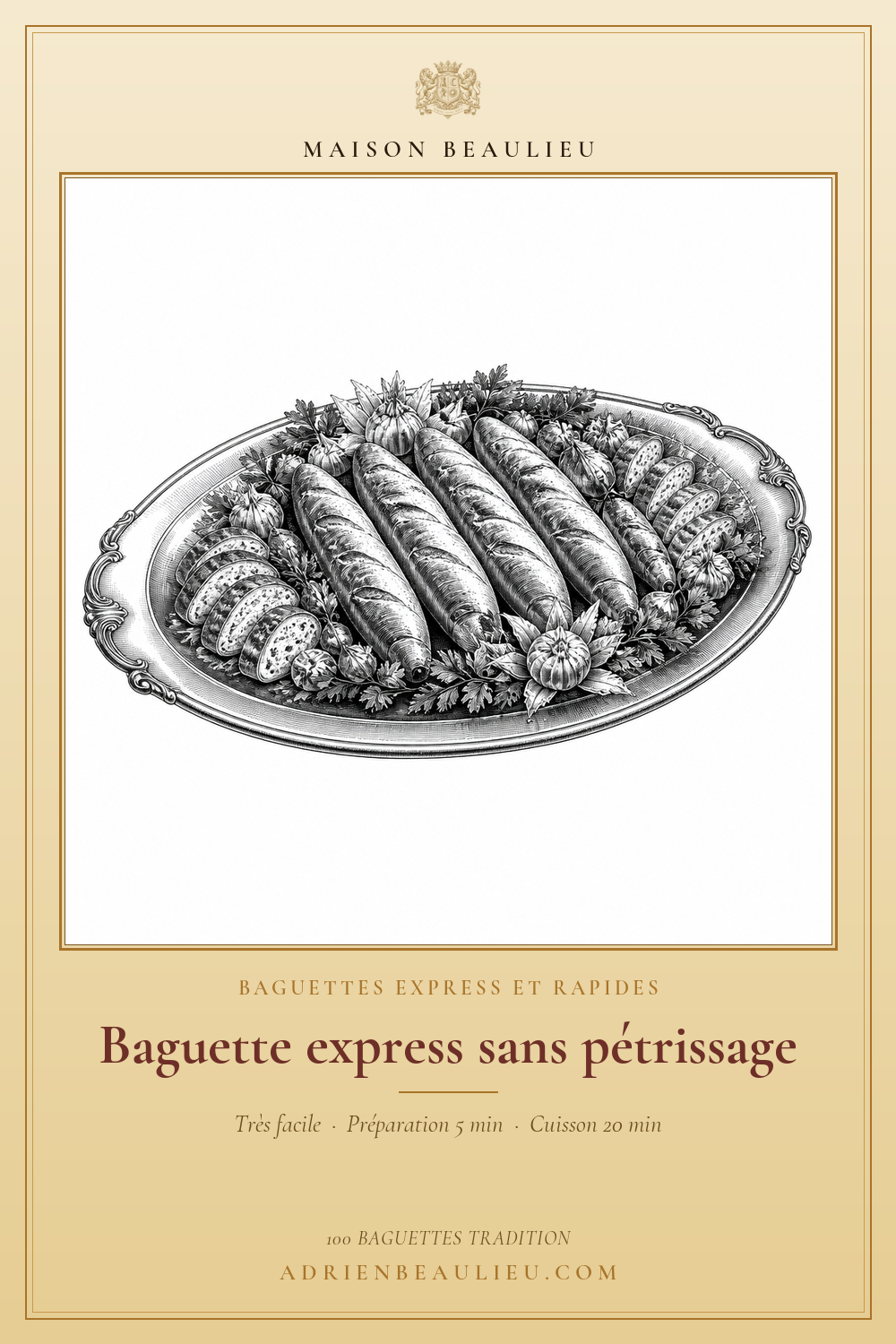 Gravure de plusieurs baguettes rustiques disposées sur un grand plat, entourées d'herbes et de légumes décoratifs.