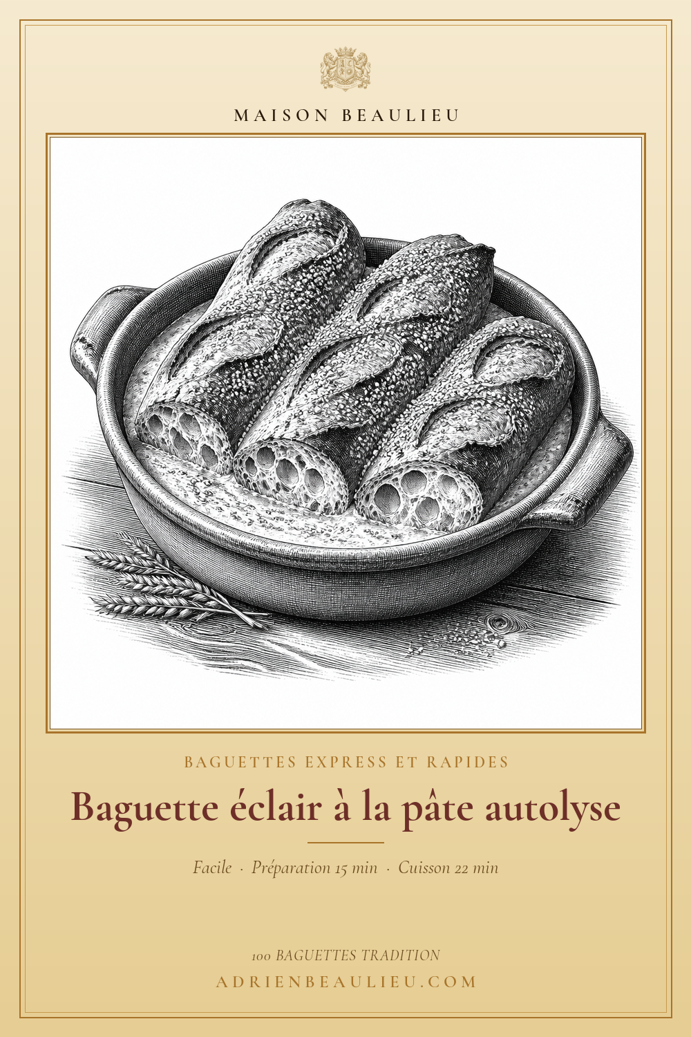 Gravure de trois baguettes à la croûte bien marquée, présentées dans un plat rond avec des épis de blé.