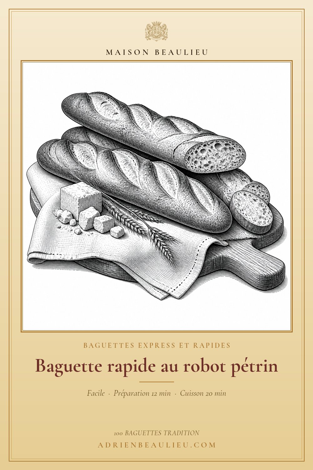 Gravure de baguettes entières et tranchées sur une planche avec des épis de blé et un petit bloc de levure.