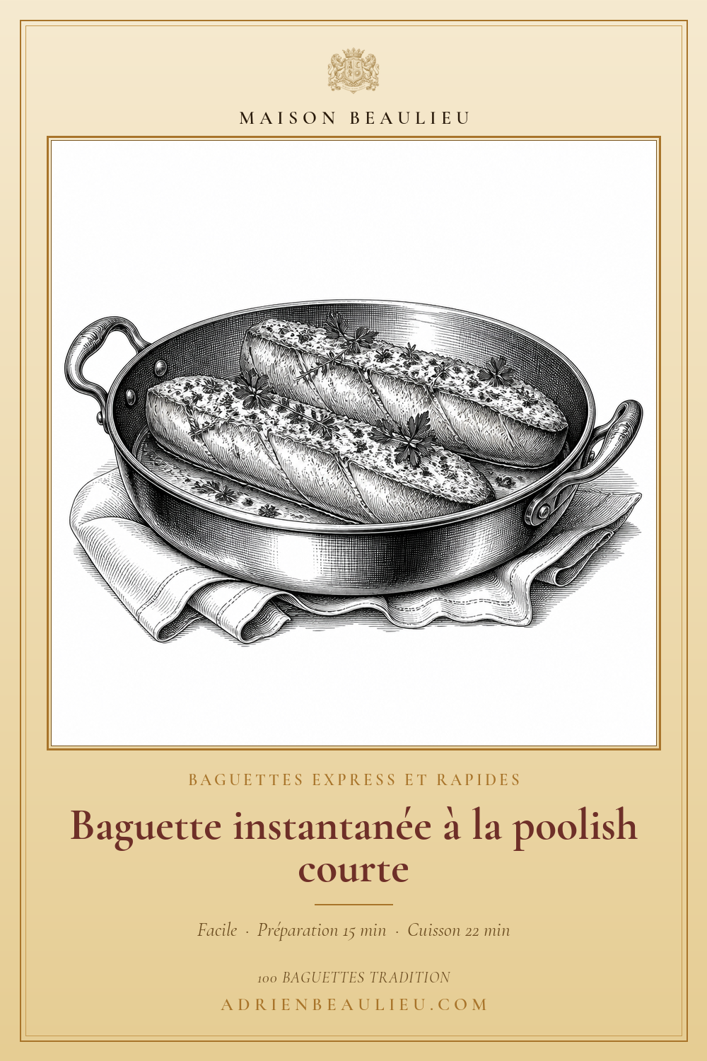 Gravure de deux baguettes disposées dans un plat de cuisson ovale, avec des herbes et un linge plié.