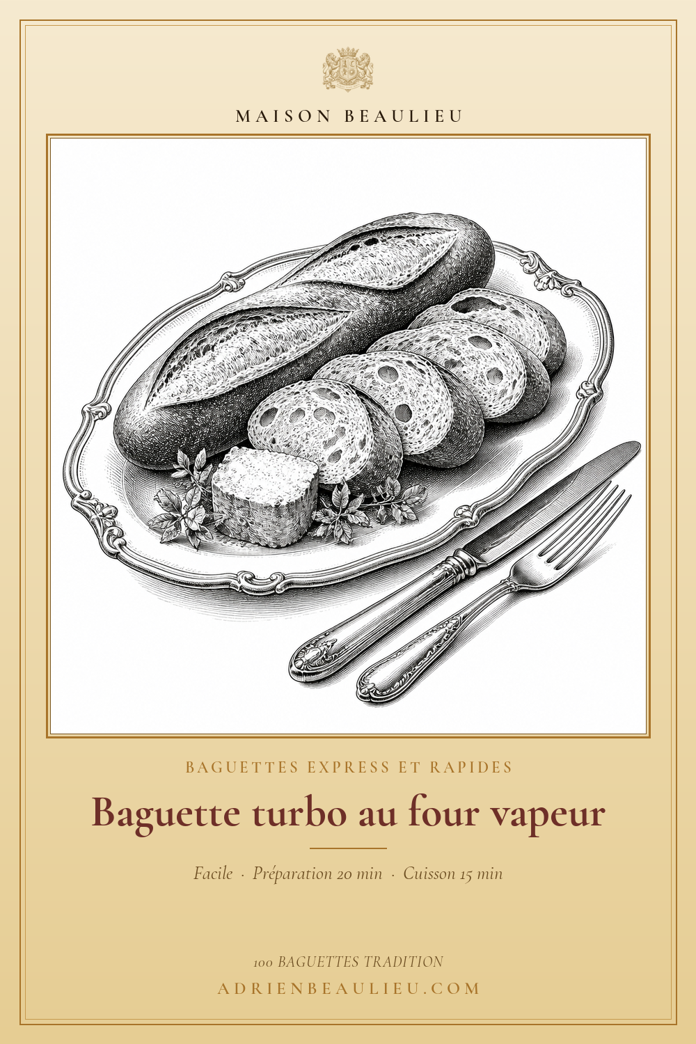 Gravure d’une baguette entière et de petits pains ronds présentés sur un plateau ovale, avec un morceau de fromage et des herbes.