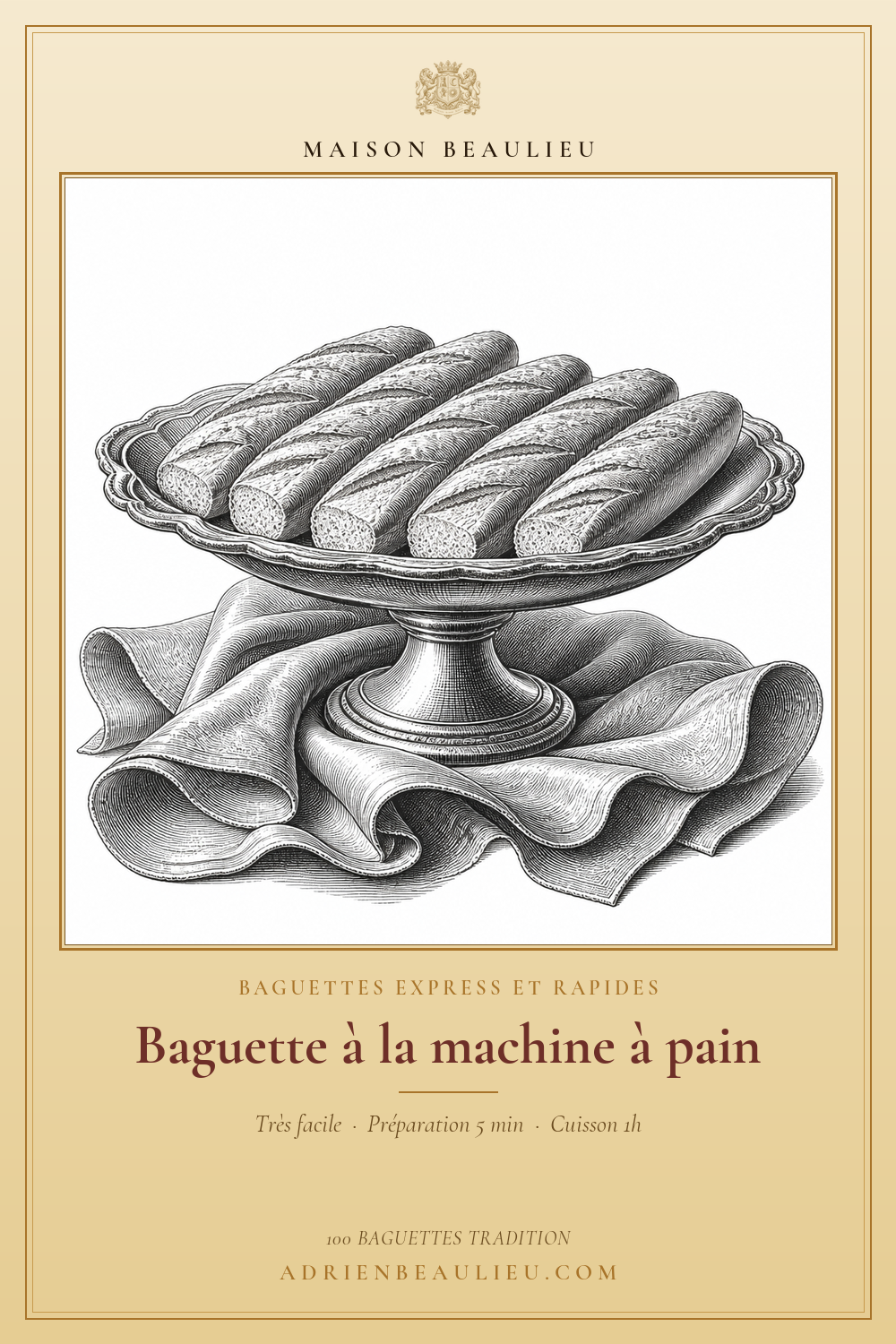Gravure de cinq baguettes régulières présentées sur un plat surélevé recouvert d'une étoffe.