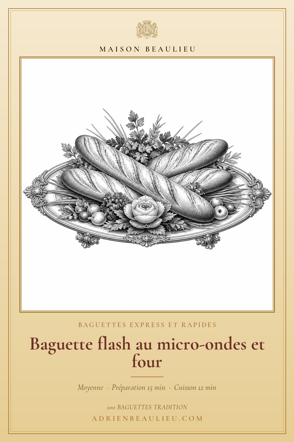 Gravure de cinq baguettes dressées sur un grand plateau décoratif entouré d’herbes et de petits fruits.