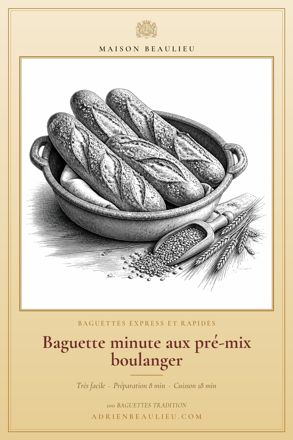 Gravure de quatre baguettes dans un panier de cuisson, avec une pelle de grains et des épis de blé.