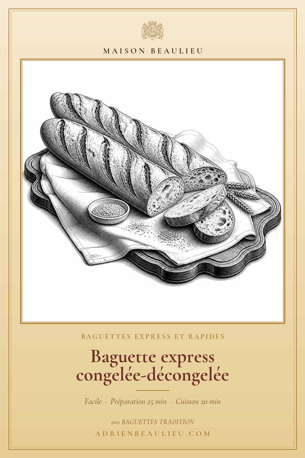 Gravure de deux baguettes entières et de plusieurs tranches sur un linge, avec des épis et un petit bol de grains.