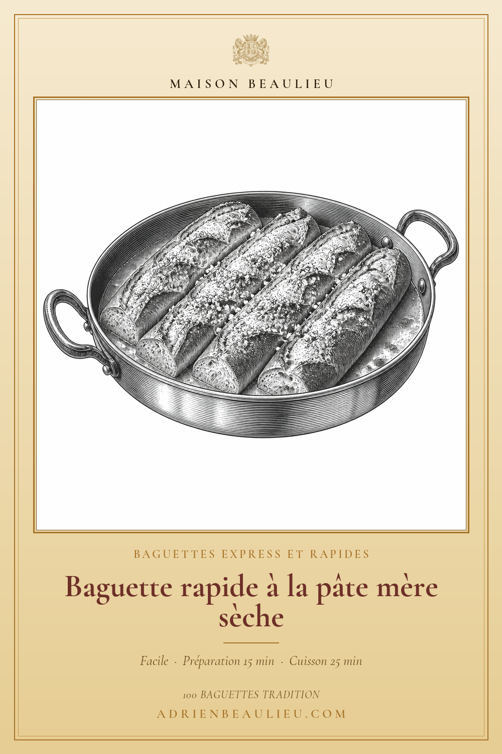Gravure de quatre petites baguettes poudrées de farine et disposées dans un plat de cuisson ovale.