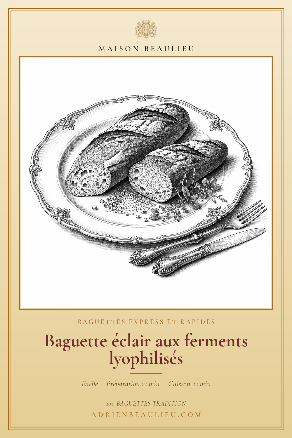 Gravure de deux baguettes à la mie alvéolée, servies avec de petits grains sur une assiette ornée.