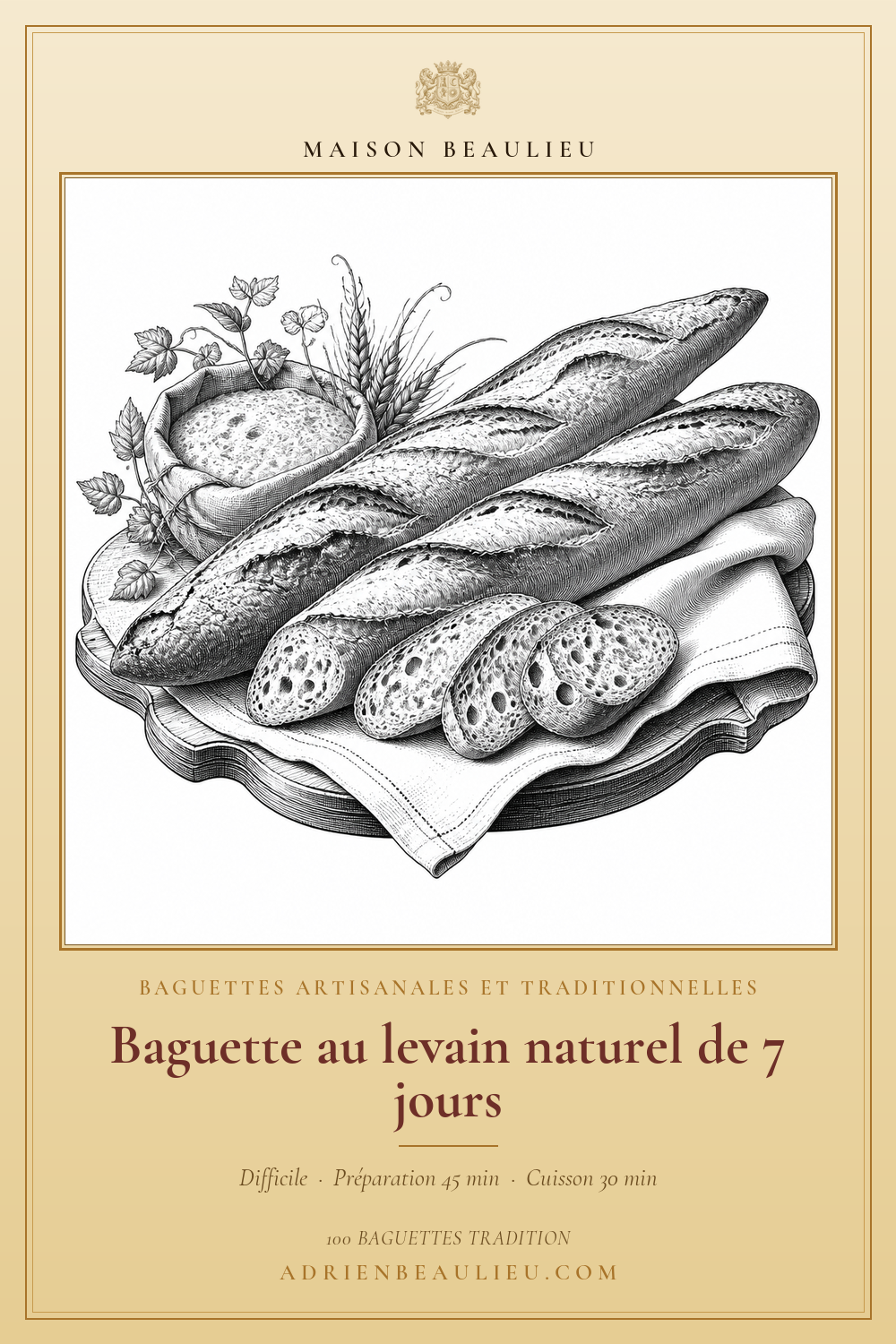 Gravure de trois baguettes au levain avec plusieurs tranches, des épis et un bol de levain sur un linge.