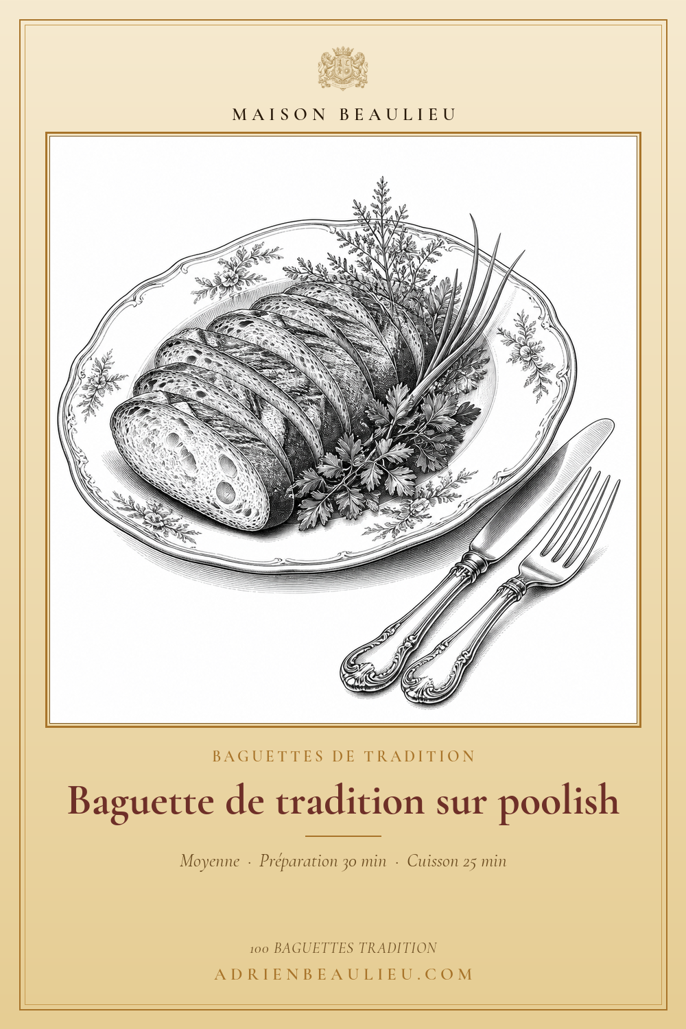 Gravure d'une baguette de tradition tranchée, présentée sur une assiette ornée.