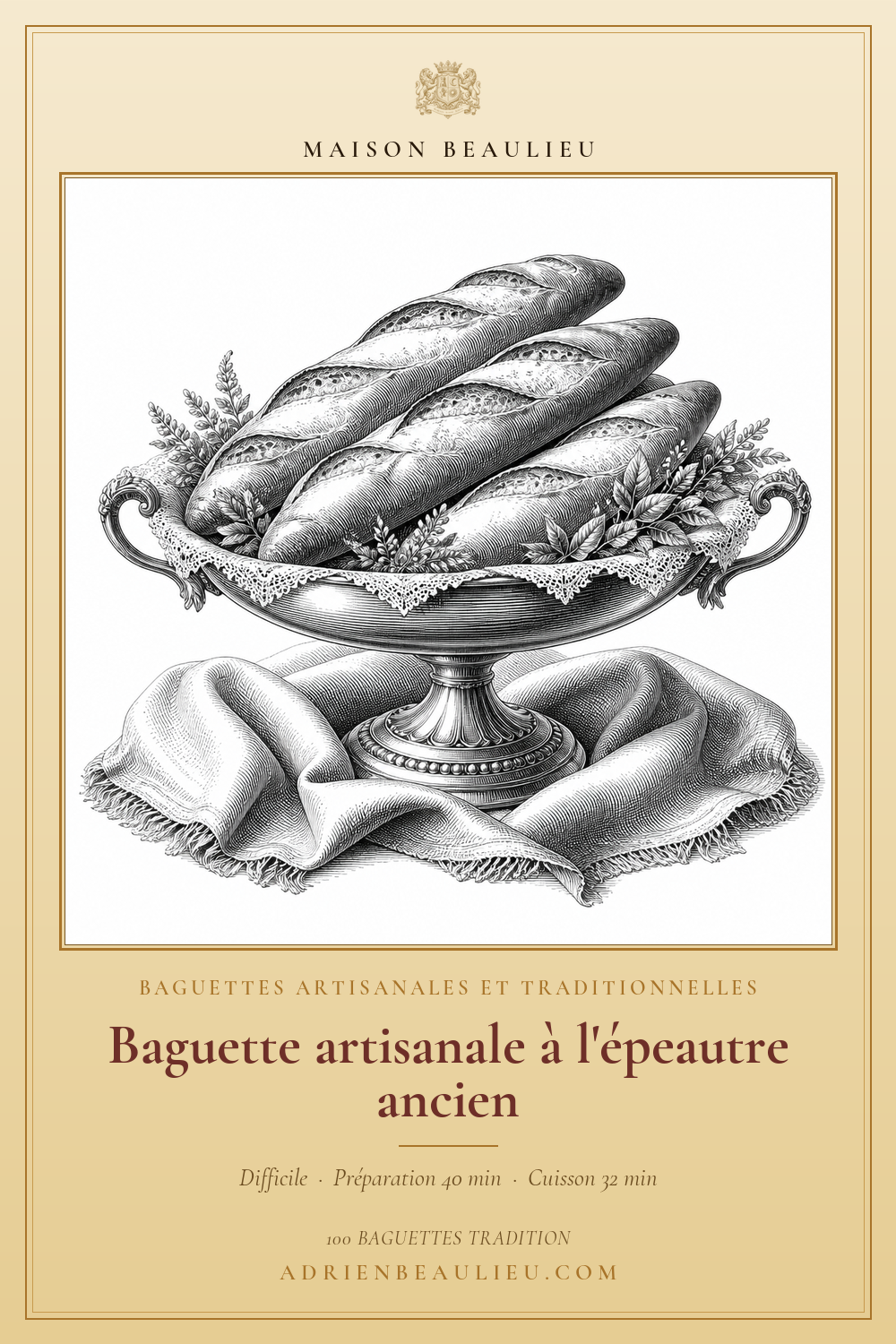 Gravure de trois baguettes d’épeautre disposées sur un présentoir ovale garni d’un linge et de feuillages.