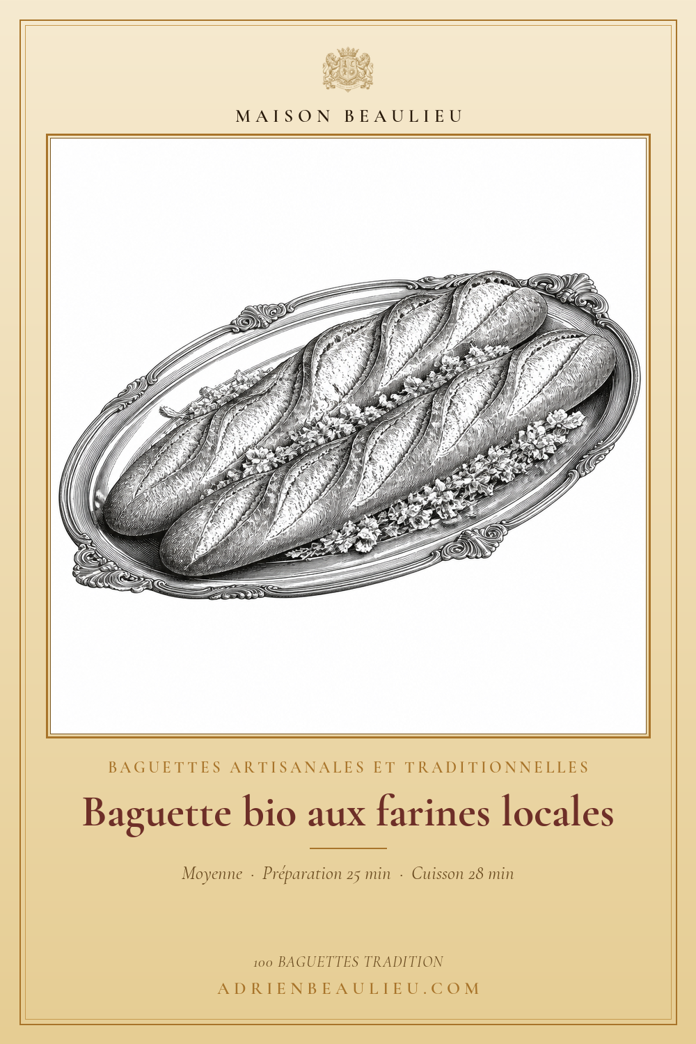 Gravure de trois baguettes posées sur un grand plat ovale et entourées de petits rameaux fleuris.