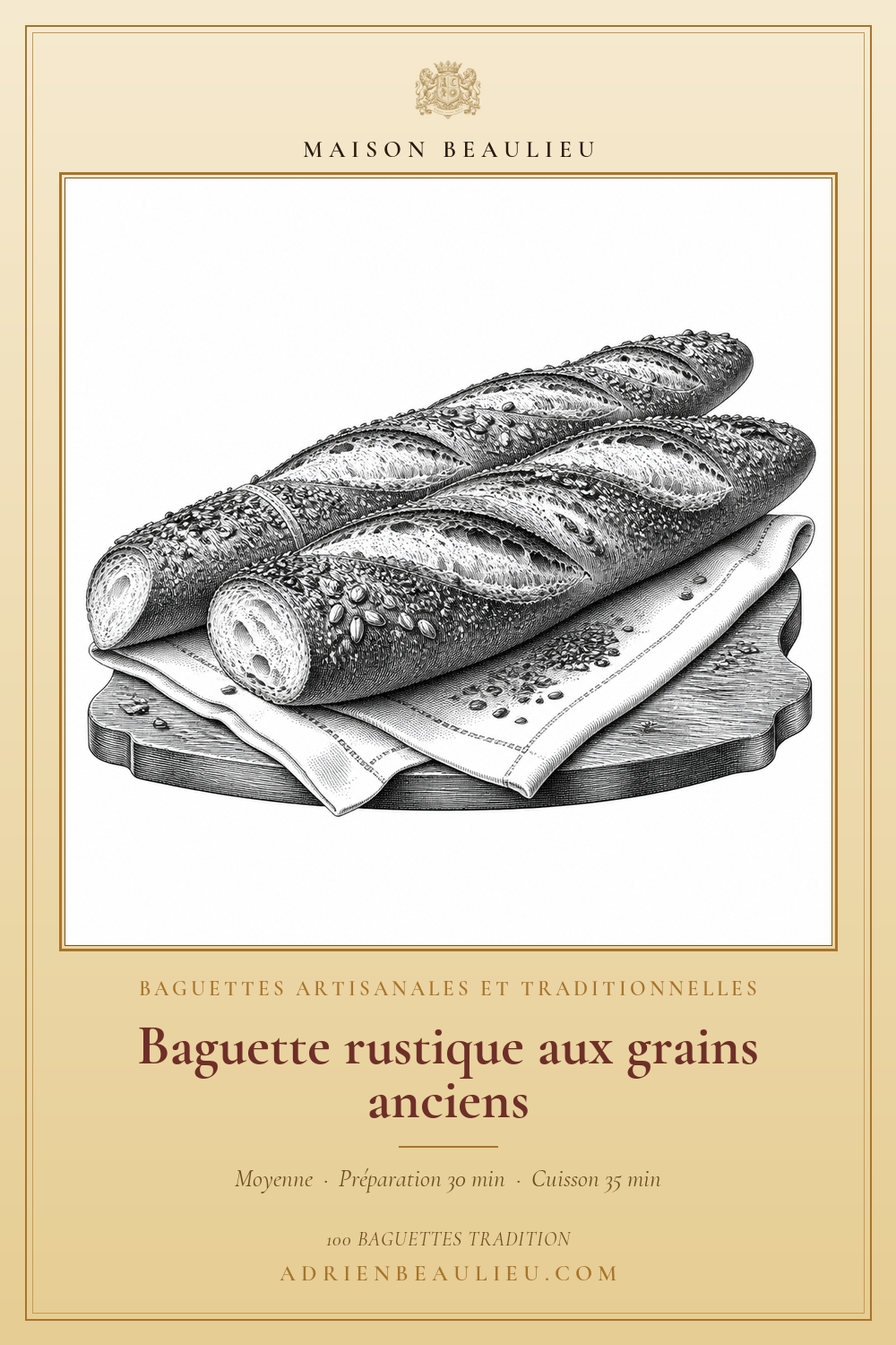 Gravure de deux baguettes couvertes de graines, présentées sur un linge avec quelques grains épars.