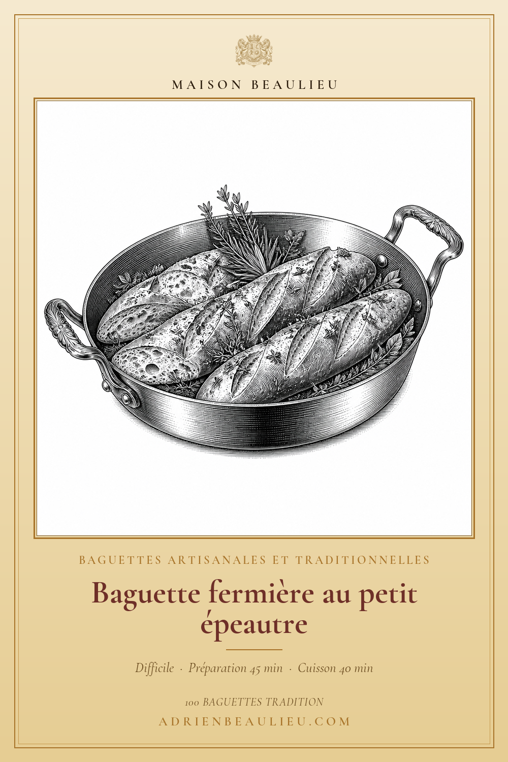 Gravure de trois baguettes parsemées d’herbes dans un grand plat de cuisson à deux poignées.
