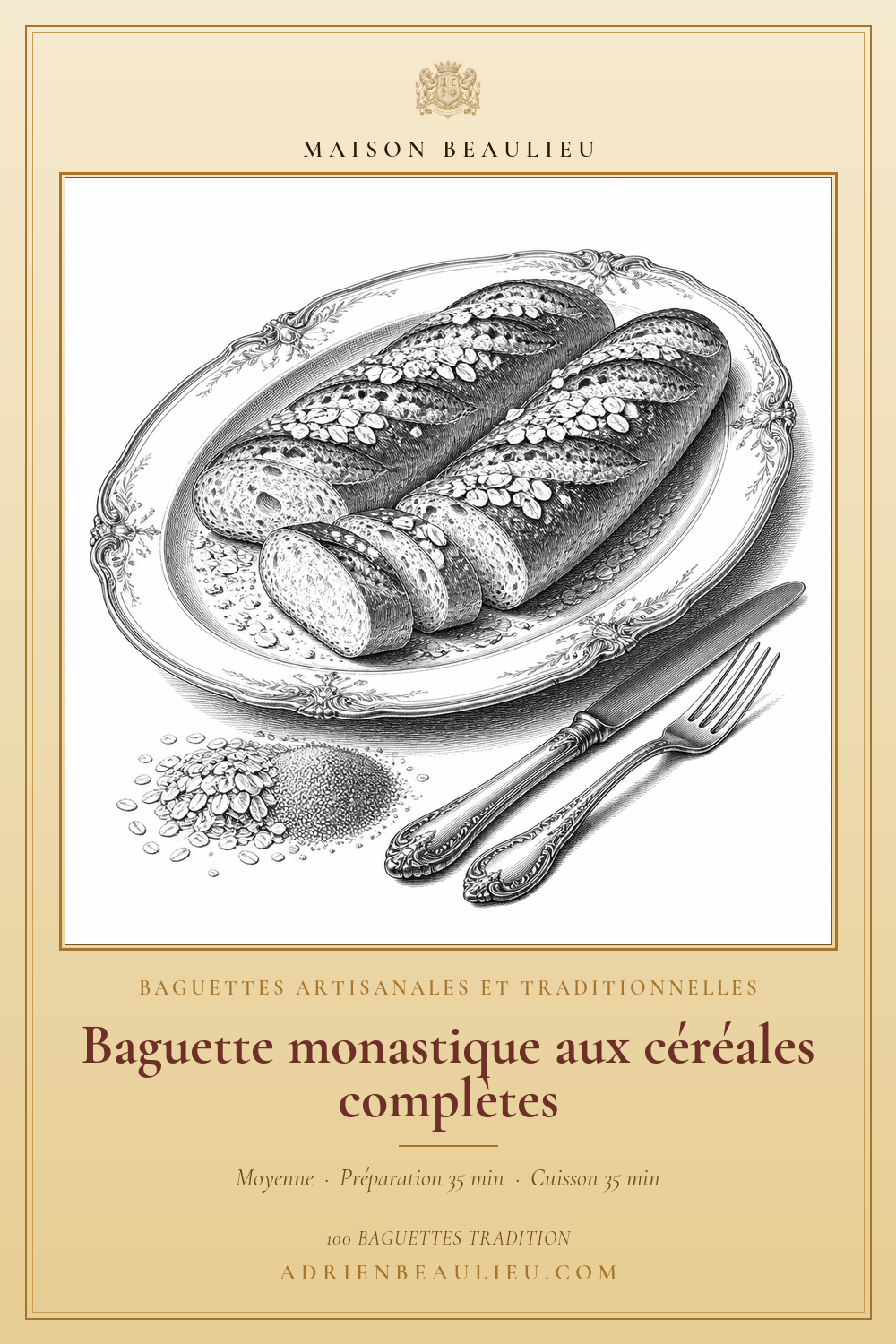 Gravure de deux baguettes complètes garnies de flocons d’avoine, avec des céréales disposées sur le plat.
