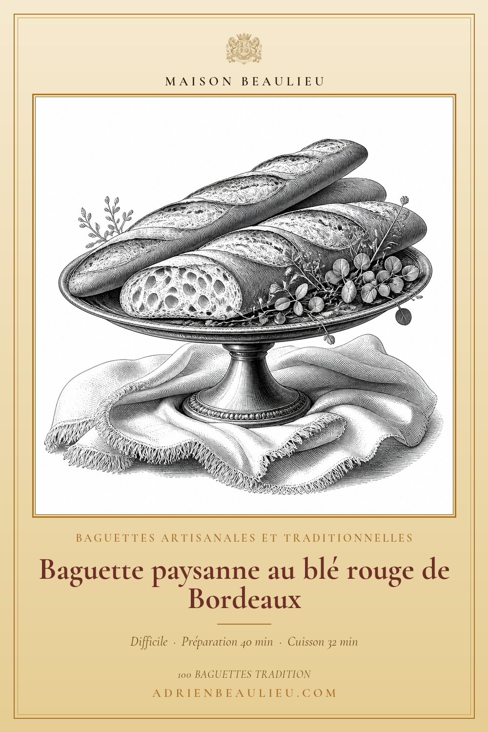 Gravure de quatre baguettes rustiques et de quelques tranches disposées sur un présentoir avec des épis et des feuillages.
