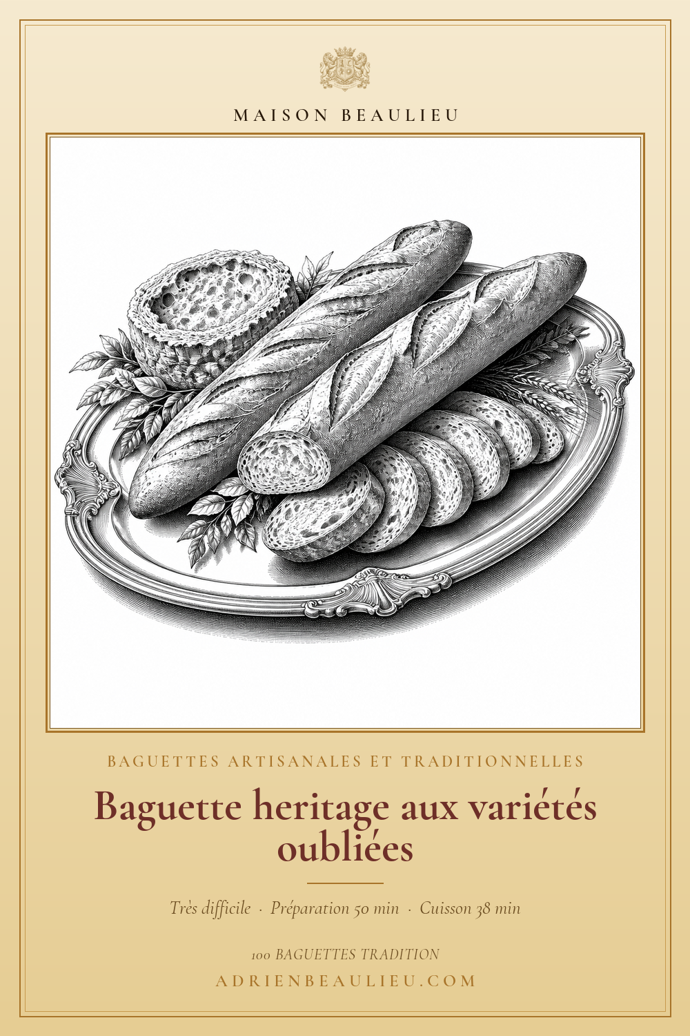 Gravure de deux baguettes et de plusieurs tranches sur un grand plat, accompagnées d’épis, de feuilles et d’un petit pain rond.