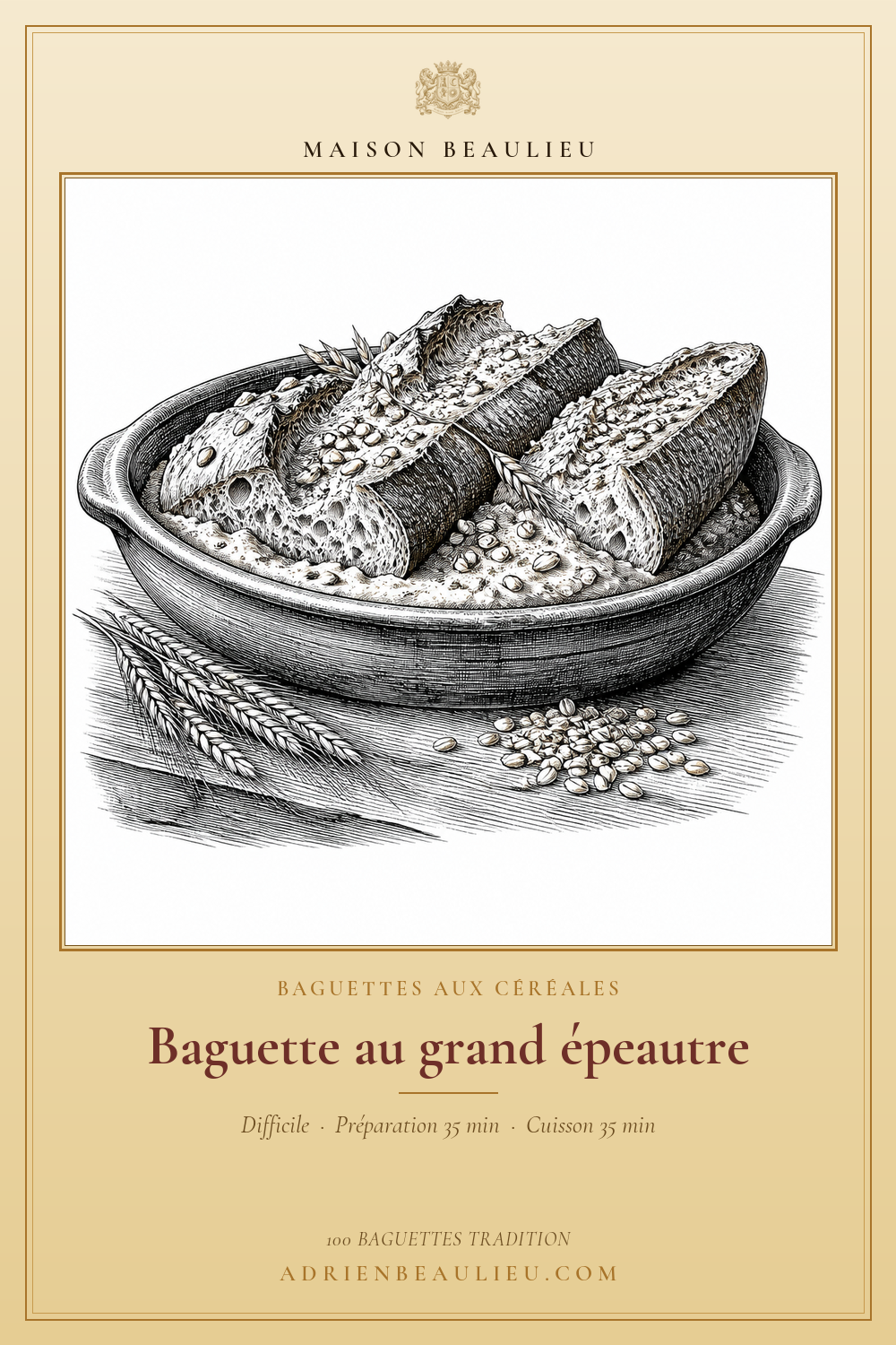 Gravure de morceaux de baguette aux céréales, garnis de grains d'épeautre.