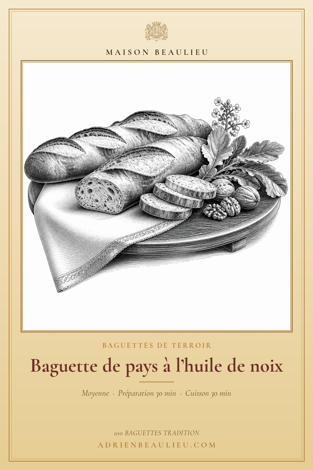 Gravure de baguettes de pays servies avec des noix et des feuillages.