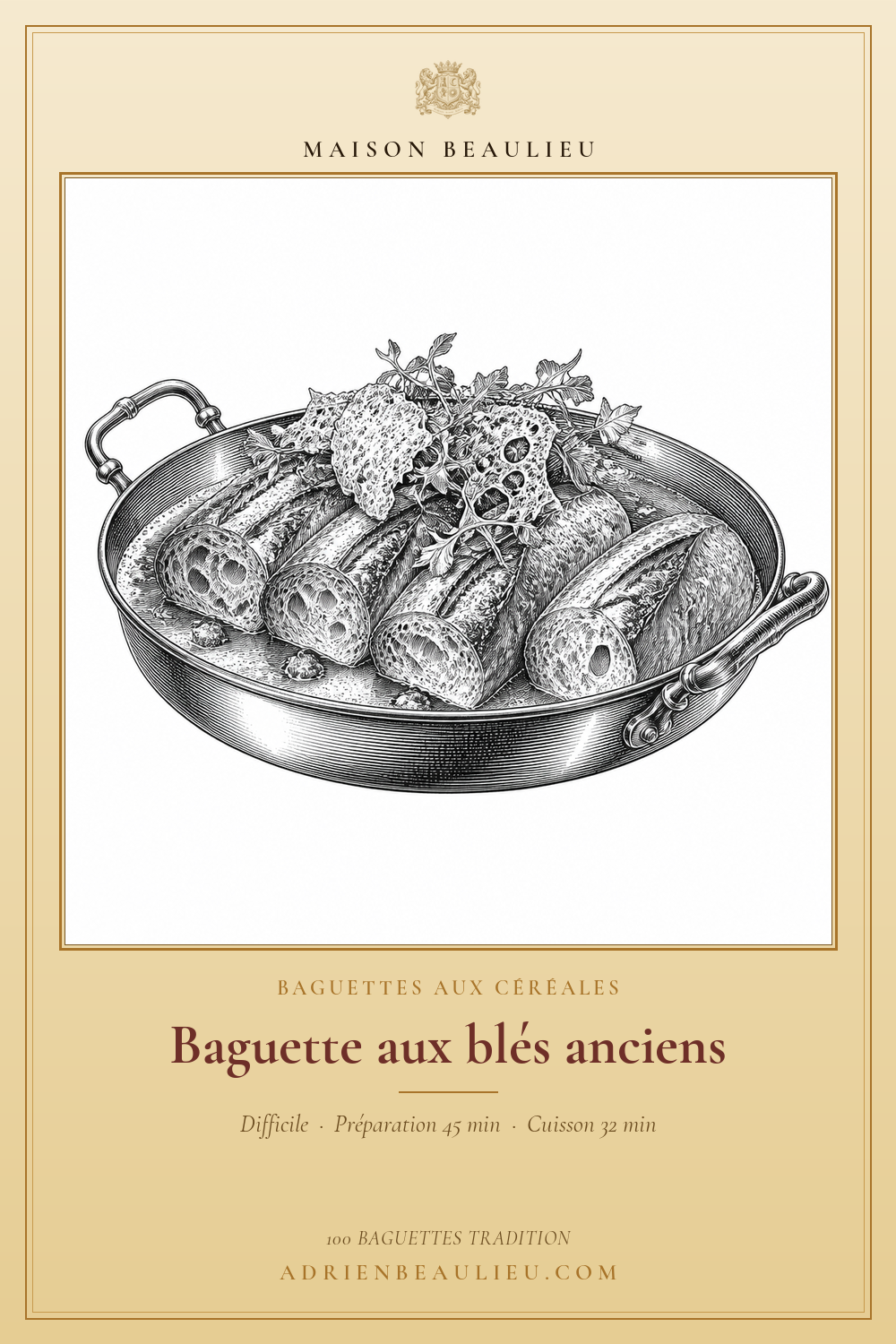 Gravure de plusieurs baguettes rustiques aux mies alvéolées, présentées dans un plat.