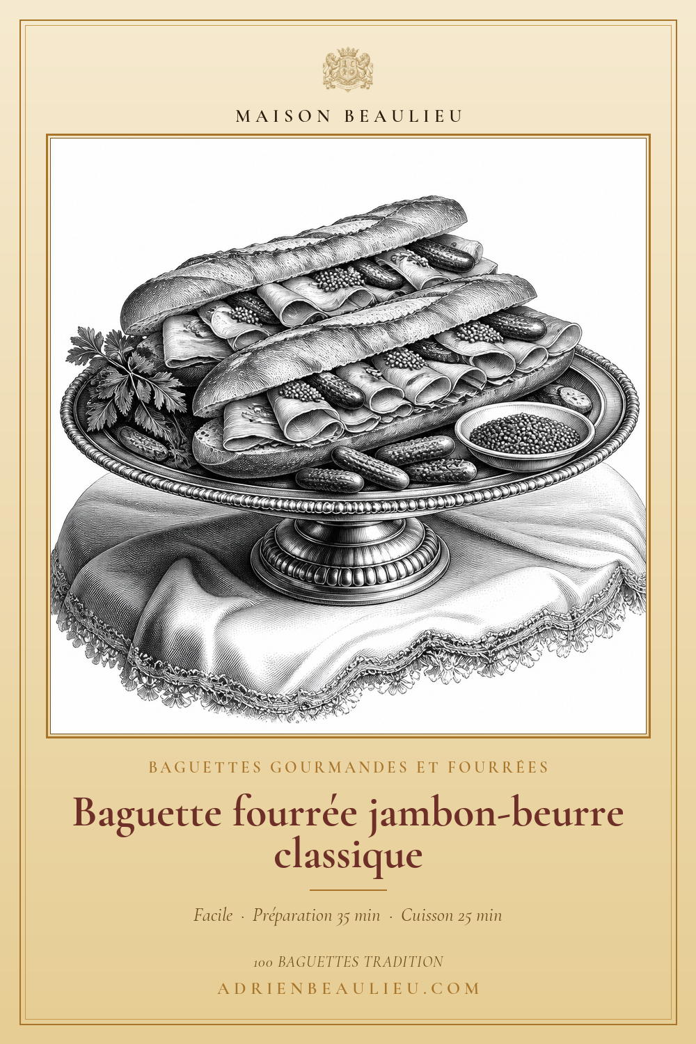Gravure de baguettes garnies de jambon roulé, de cornichons et de moutarde, présentées sur un plat surélevé.
