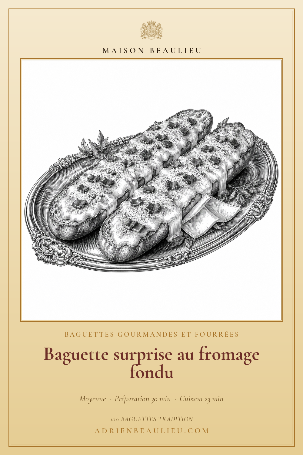 Gravure de deux baguettes ouvertes couvertes de fromage fondu, de petits morceaux de garniture et d’herbes.