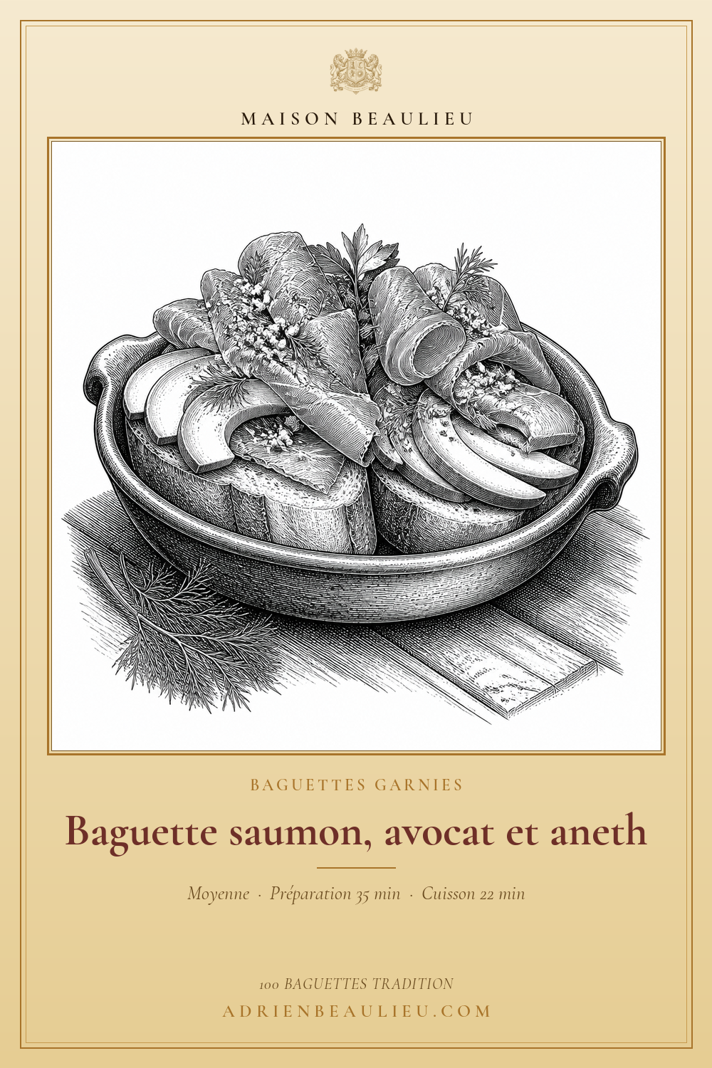 Gravure de tartines garnies de saumon fumé et d'avocat, décorées d'aneth.