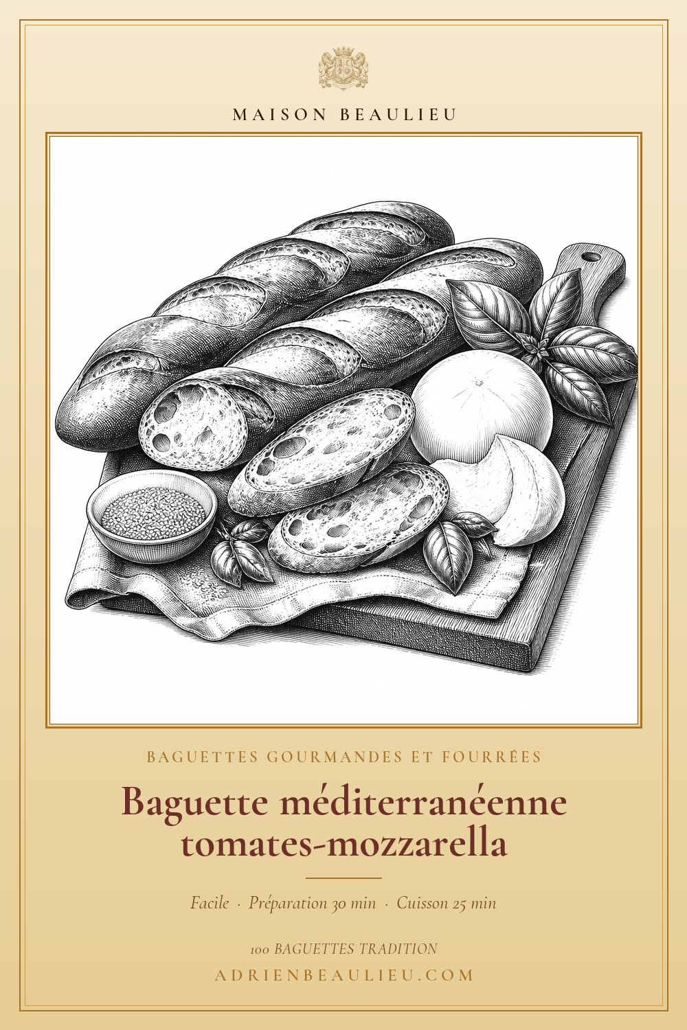 Gravure de baguettes et de tranches présentées avec de la mozzarella, des tomates, du basilic et un petit bol de graines.